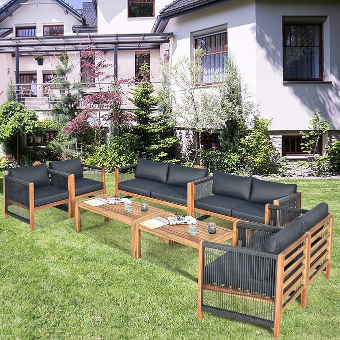 Tangkula Outdoor Wood Furniture Set, Acacia Wood Frame 2 Loveseat Sofa, 4 Single Chairs and 2 Coffee Table, 8 Pieces Conversation Set with Cushions, Garden Balcony Poolside Outdoor Living Set(2, Grey)
