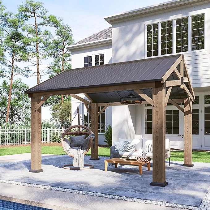 Aoxun 10' x 12' Outdoor Wood Gazebo with 20" Ceiling Fan with Light, Hardtop Gazebo Permanent Wooden Pavilion with Galvanized Steel Gable Roof, for Patio, Garden, Backyard, Cedar Wood