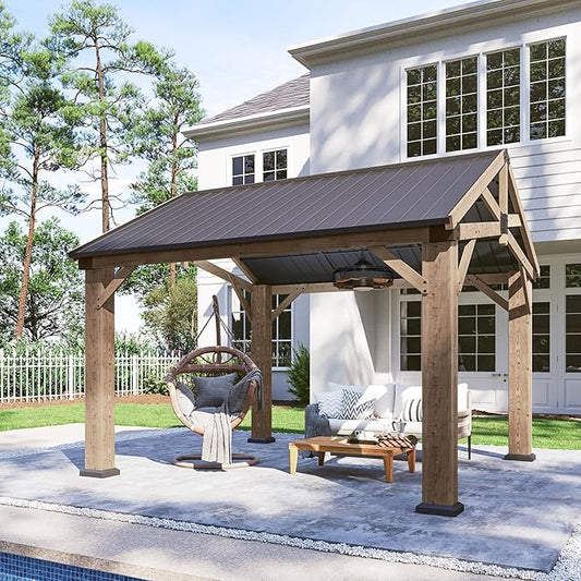 Aoxun 10' x 12' Outdoor Wood Gazebo with 20" Ceiling Fan with Light, Hardtop Gazebo Permanent Wooden Pavilion with Galvanized Steel Gable Roof, for Patio, Garden, Backyard, Cedar Wood