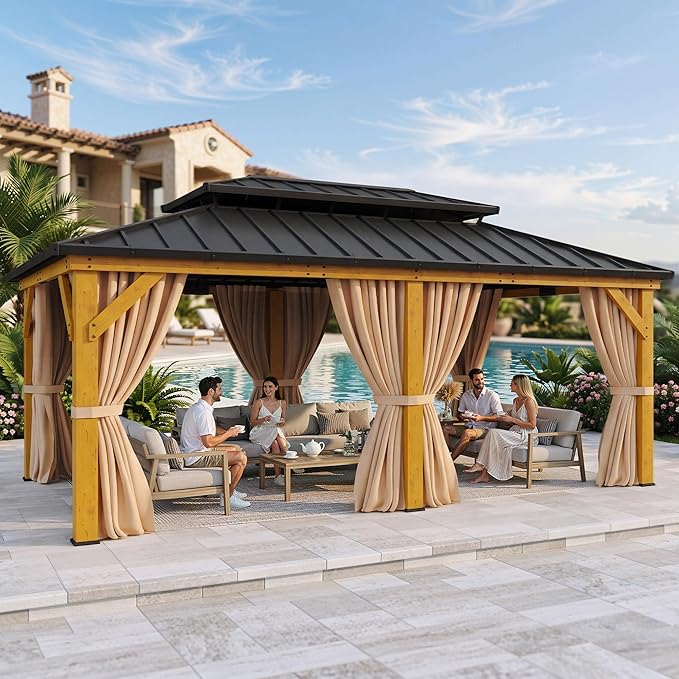 YITAHOME 12x20 Outdoor Wooden Gazebo Hardtop with Steel Roof, Heavy Duty Double Roof Galvanized Steel Gazebo with Nettings and Curtains, Permanent Wood Frame Aluminum Gazebo for Patio, Backyard, Deck