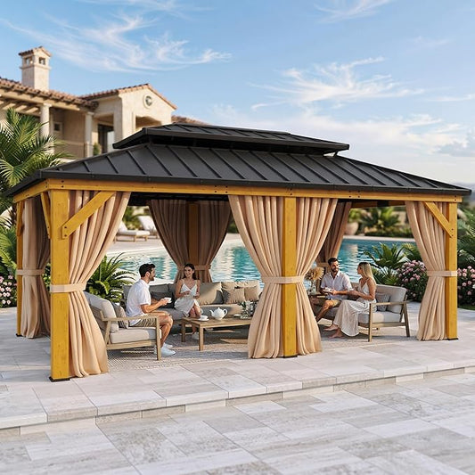 YITAHOME 12x20 Outdoor Wooden Gazebo Hardtop with Steel Roof, Heavy Duty Double Roof Galvanized Steel Gazebo with Nettings and Curtains, Permanent Wood Frame Aluminum Gazebo for Patio, Backyard, Deck