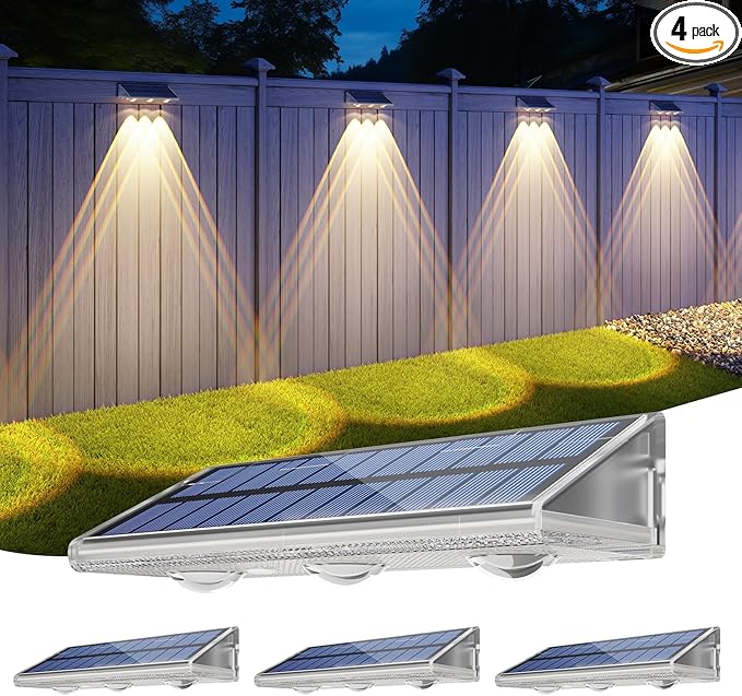 Yilaie Solar Fence Lights Outdoor-IP67 Waterproof 3000K/4500K/6500K,High Brightness LED Fence Lights Solar Powered,Solar Wall Light for Outside Backyard/Railing/Step/Patio/Stair Railings/Pool （4 Pack）