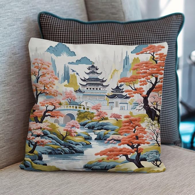 Chinoiserie Pagoda White Coral Blue Throw Pillow Covers Chinoiserie Chic Asian Pillowcase 26x26 INFarmhouse Accent Modern Decorative Pillow Covers for Couch Garden Tent Balcony
