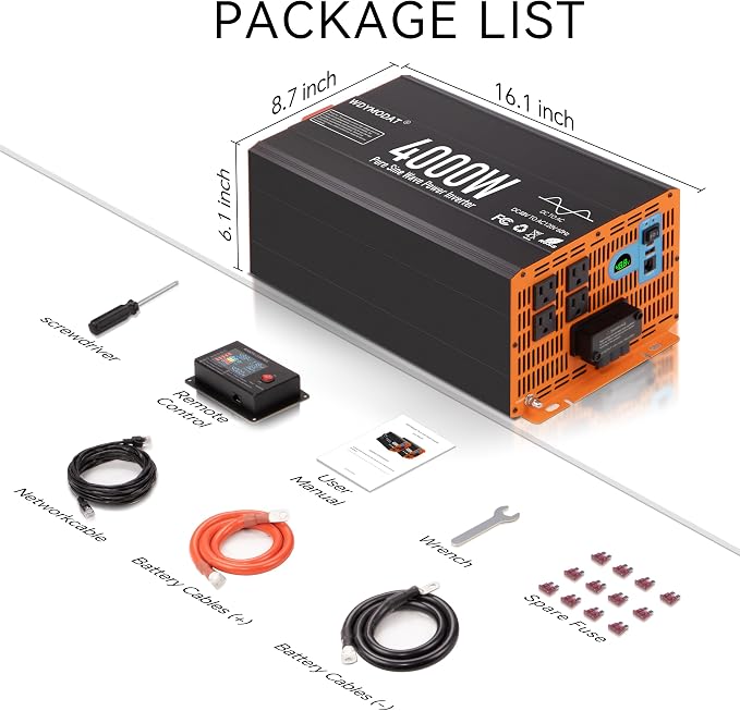 4000W Pure Sine Wave Inverter,48V DC to 120V AC Car Power Inverter 8000W Peak with 4 AC Outlets, 3.0A USB and Type-C, LCD Display 16.5 ft Remote Control for RV Truck Travel Solar Emergency