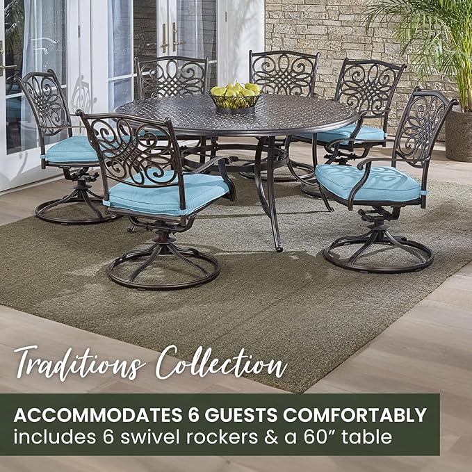 Hanover Traditions 7-Piece Patio Dining Set with 60" Round Cast-Top Table and Swivel Rockers with Blue Cushions, Patio Dining Set for 6, Premium Weather Resistant Outdoor Dining Set
