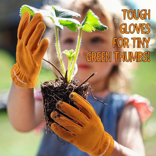 HANDLANDY 2 Pairs Kids Leather Gardening Gloves, Kid Work Gloves, Orange, L | Durable Soft Breathable Yard Work Cycling Outdoor Playing Glove for Age 2-9, for Children, Boys, Girls, Toddlers, Great Gift