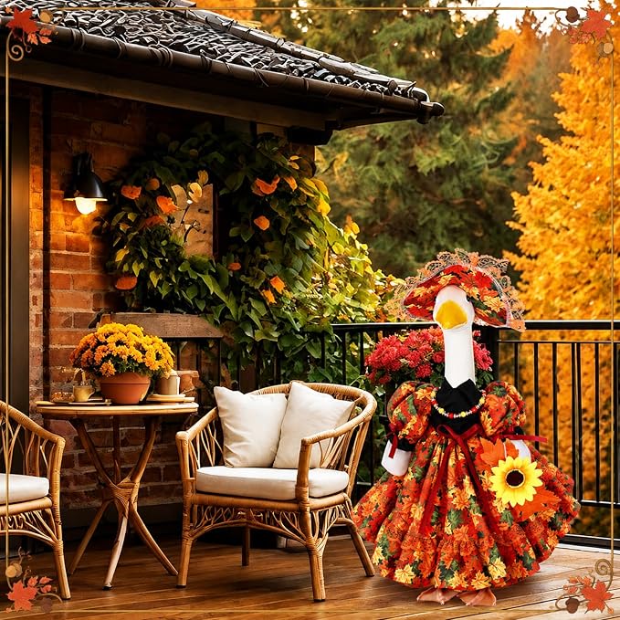 Suzile Fall Maple Porch Goose Outfit Goose Clothes for 23 Inch Cement or Plastic Geese Costume Dress for Yard Lawn Outdoor Garden Patio Duck Statue Autumn Thanksgiving Party Holiday Decor