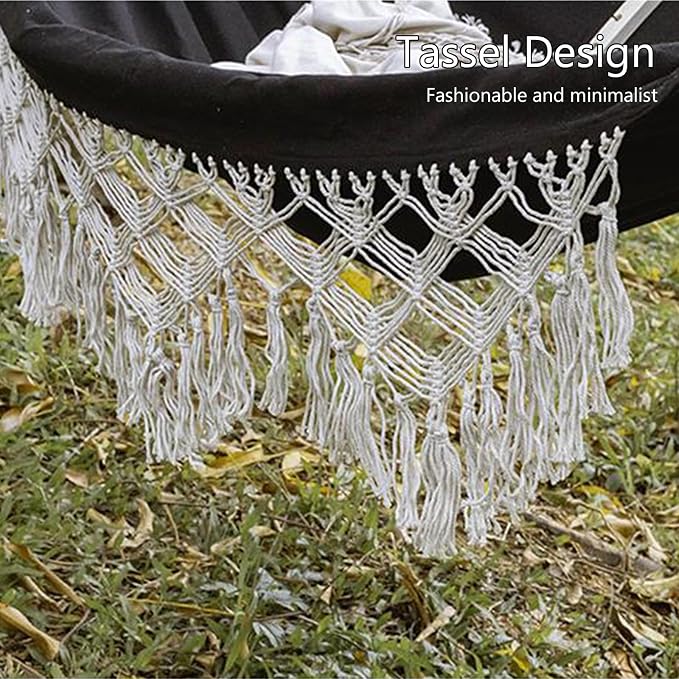 Handmade Cotton Woven Hammock, Balcony Hanging Rope Swing with Tassels, Portable Camping Double Boho Canvas Hammocks for Indoor Outdoor Patio Yard Garden(200x150cm/78.7x59in, Black)