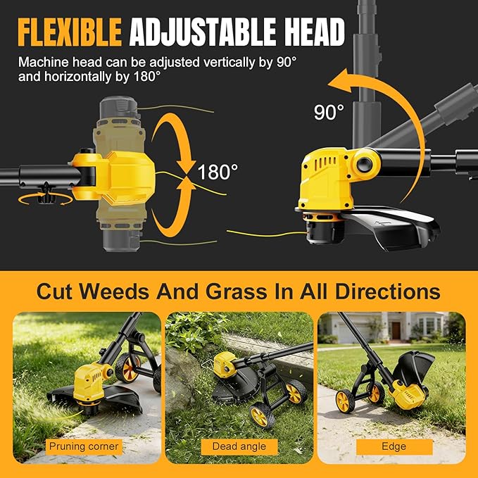 Cordless String Trimmer for Dewalt 20v Battery Powered(No Battery),3-in-1 Cordless Grass Trimmer Electric Weed Wacker Lawn Edger, Weed Eater Cordless Weed Trimmer with Wheel & 8 Spool (Yellow)