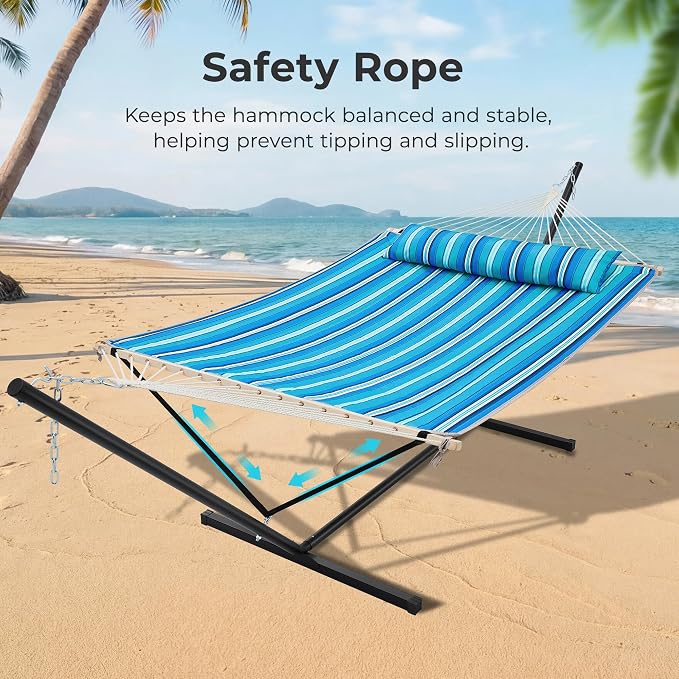 SUPERJARE 12ft Double Hammock with Stand, Rope Hammock for 2 Person, Detachable Hammock Bed and Pillow, Portable, Anti-Tip Safety Ropes, Carry Bag, Outdoor Backyard Patio, Turquoise Green Stripes