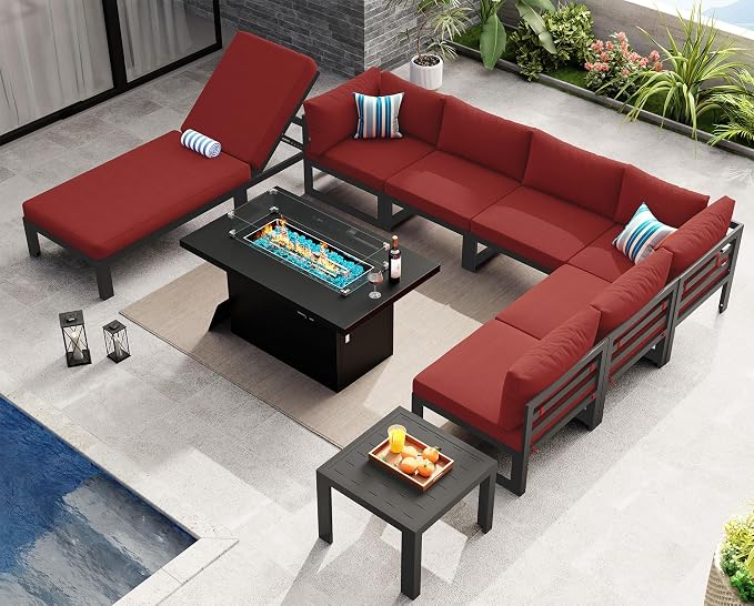 NICESOUL 7 Person Modern Aluminum Outdoor Patio Furniture Set with Chaise & Firepit Table, 29" Wide Deep Seating, Water Resistant Modular Sectional Couch, Large Conversation Set for Poolside Deck, Red