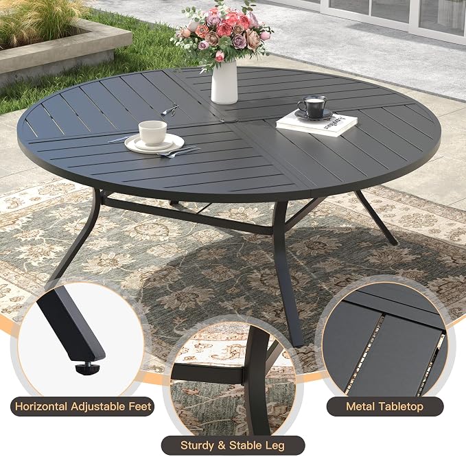 9 Pieces Round Outdoor Table and Chairs Set, Patio Dining Set with 60" Round Spliced Outdoor Table and Patio Swivel Chairs for Backyard Lawn Garden, Black Table and Mixed Brown Chairs