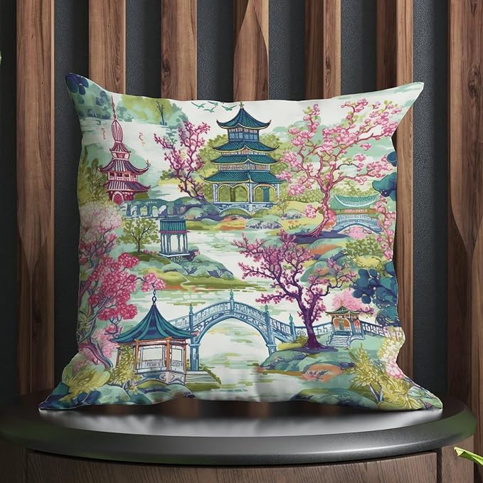 Chinoiserie Pagoda White Coral Blue Asian Pillowcase Chinoiserie Chic Asian Pillowcase 24x24 INRustic Accent Decorative Cushion Cases Home Decor for Sofa Bed Chair Car