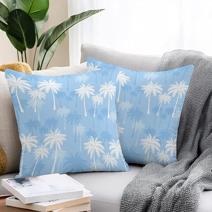 Throw Pillow Covers 16x16 Inch Set of 2, Tropical Palm Tree Waterproof Outdoor Pillow Covers, Blue White Plants Coastal Botanical Leaf Decorative Cushion Pillowcases for Patio, Garden, Couch, Sofa