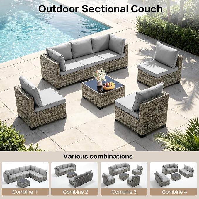 7-Piece Outdoor Patio Furniture Set, Gray PE Rattan Sectional Sofa with Light Grey Cushions and Steel Frame, Coffee Table Included, Modular Outdoor Conversation Set for Patio Garden Poolside