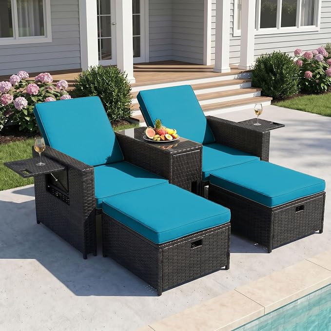 LVUYOYO 5 Piece Patio Furniture Set, Patio Wicker Conversation Set with Ottoman, Outdoor Chaise Lounge Chair with Side Table & Adjustable Backrest for Pool Backyard Garden (Black Wicker Green Cushion)