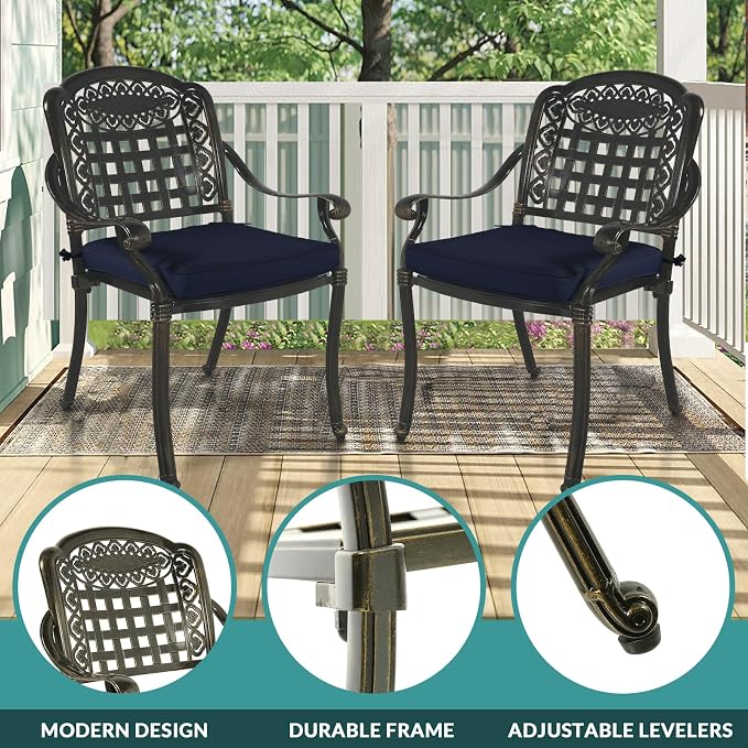MEETWARM 9-Piece Outdoor Patio Dining Set for 8, All Weather Cast Aluminum Patio Funiture Table and Chairs Set- 94.5” Rectangular Table and 8 Cushioned Chairs for Garden, 2" Umbrella Hole, Navy Blue