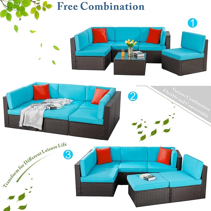 Vongrasig 6 Piece Small Patio Furniture Sets, Outdoor Sectional Sofa All Weather PE Wicker Patio Sofa Couch Garden Backyard Conversation Set with Glass Table,Blue Cushions and Red Pillows (Blue)