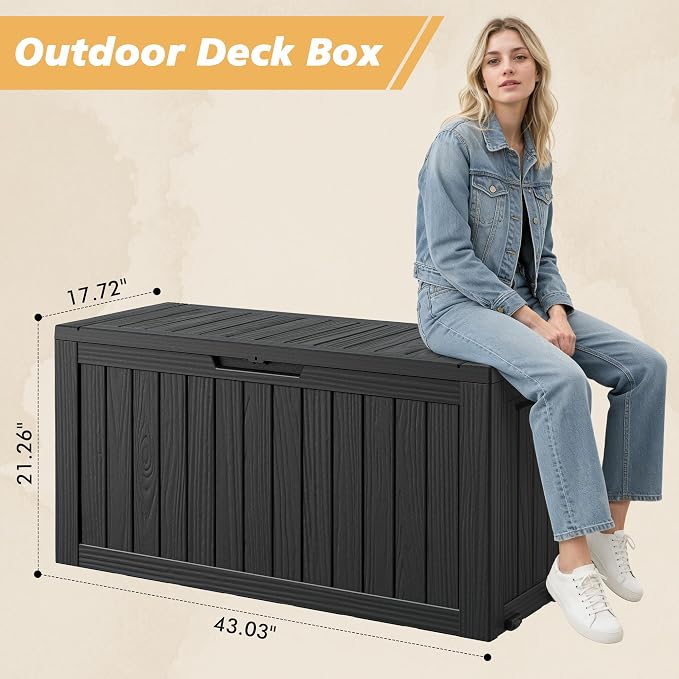 Fancyango 85 Gallon Outdoor Deck Box Waterproof, Large Storage Box for Patio, Resin Storage Bench Lockable for Garden Tools, Package Delivery,Black