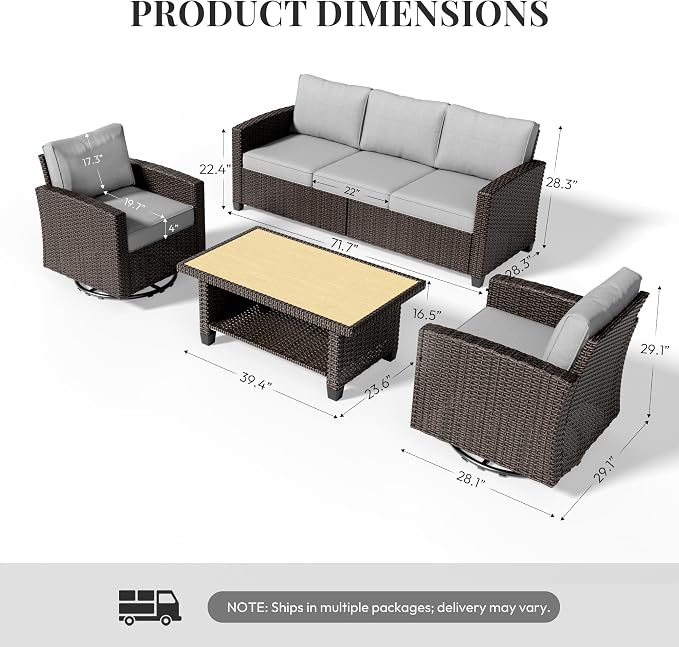 WWR Furniture Set-30% Thicker Wicker-Luxury 4 Piece PatioWicker Outdoor Patio Conversation Set with Extra Wide & Thick Cushions, Swivel Rocking Chairs for Backyard, Porch & Deck