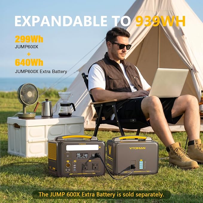 VTOMAN Jump 600X Portable Power Station 600W, 299Wh Solar Generator LiFePO4 Battery Power Station with Jump Start for Car, 1200W AC Outlet, PD 60W USB-C, 3x Regulated 12V/10A DC for Camping, RV Travel