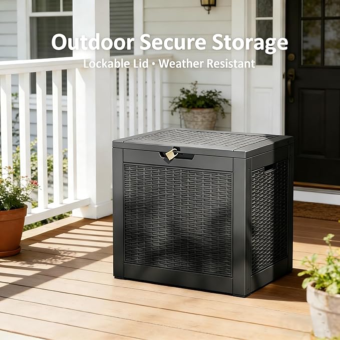 Outdoor Storage Box, 30 Gallon Resin Deck Boxes Outdoor Waterproof For Patio Furniture, Garden Tools, Pool Supplies, Lockable And UV Resistant (Rattan Black)