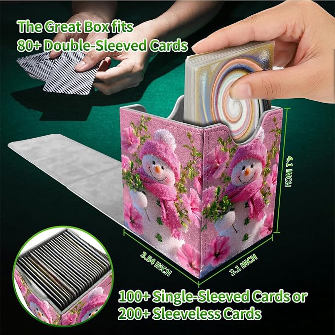 Pink Flower Snowman Card Deck Box for MTG, Personalized Card Storage Case Fits 120+ Sleeved Cards, Premium Leather TCG Box with Strong Magnetic Closure for Magic, CCG, PTCG, Baseball Cards