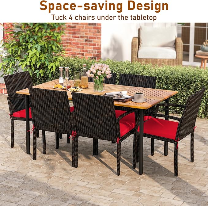 Tangkula 7 Pieces Outdoor Dining Set, Patio Acacia Wood Table and PE Rattan Chairs with Soft Cushions and 2” Umbrella Hole for Deck, Garden and Backyard