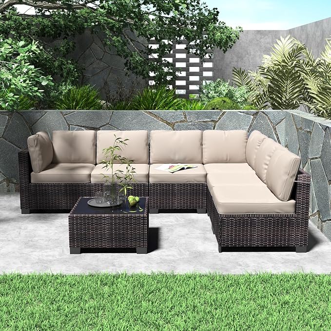 7 Piece Outdoor Patio Furniture Set, PE Rattan Conversation Sofa Set, Wicker Patio Set w/Thick Cushions & Glass Top Coffee Table, All-Weather Outside Furniture for Garden, Balcony,Porch(Brown+Beige)