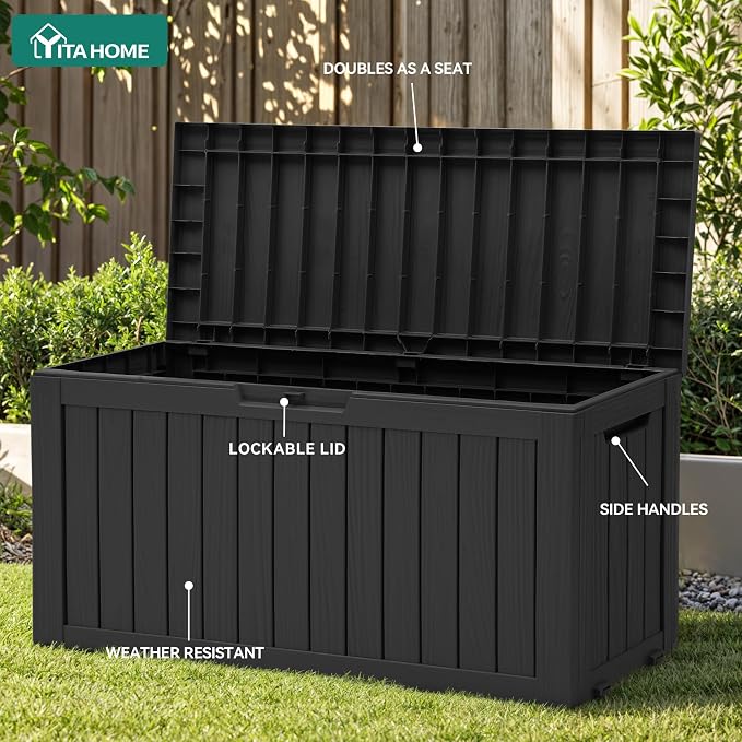 YITAHOME 72 Gallon Outdoor Resin Deck Box with Wheels, Pool Storage Box for Outdoor Cushions, Sports Equipment, Garden Tools, Black