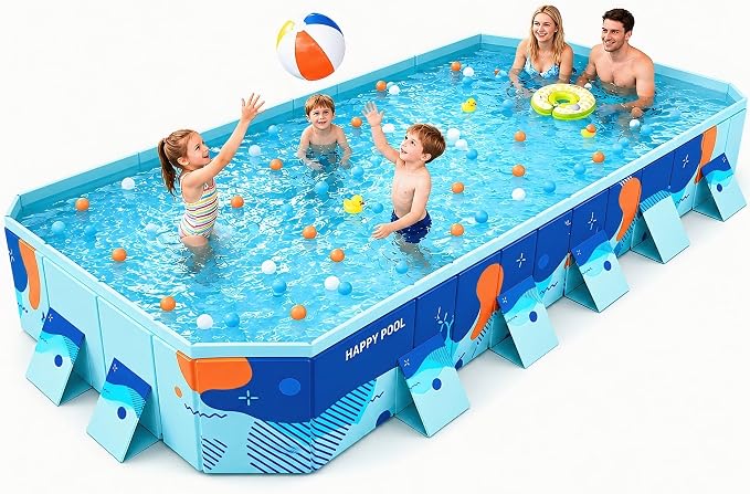 10 FT Non-Inflatable Foldable Pool, Reinforced Panel Support, 4-Layer Anti-Puncture Material, Dual Drain, Outdoor Water Play Pool for Family Kids Pets Backyard Slide Combo Use