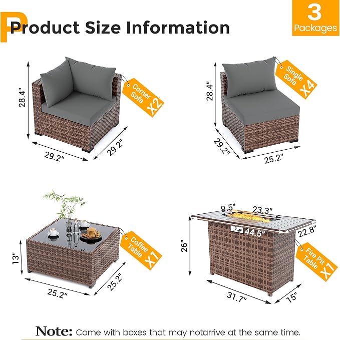 UDPATIO Furniture Set with Fire Pit Table, 8 Piece Sectional Sofas, All-Weather Wicker Conversation for Garden, Backyard, Dark Grey