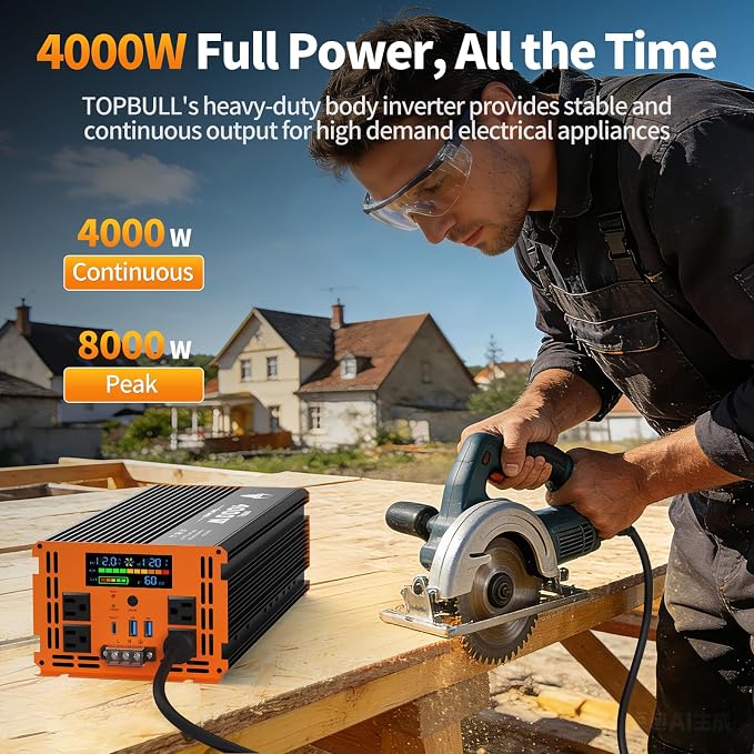 4000 Watt Power Inverter 12V DC to 120V/110V AC for Vehicles RV, Truck, Solar, Home, Off-Grid Car Converter Surge 8000W with 4 AC Outlet, 2 USB-A Port, 200ft Remote Control and 3 AC Terminal Blocks