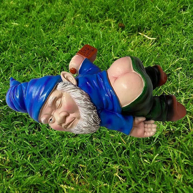 MINICAR Funny Drunk Garden Gnome Statue 9.5 Inch - Indoor Home Office Figurine Decor Outdoor Yard Lawn Patio Sculpture Decoration, Naughty Gifts for Women Men, Blue