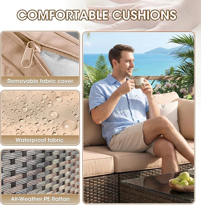 7 Piece Patio Furniture Set, Outdoor Wicker Sectional Sofa - All Weather High Backrest PE Rattan Couch Conversation Set with Cushion & Glass Top Table for Backyard Deck (Beige, L-7 pcs w/Glass Table)