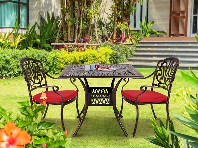 Grepatio 2 Piece Outdoor Cast Aluminum Dining Chairs, Patio Bistro Chair Set of 2, Modern Patterned Back Metal Chairs with Cushion, Antique Bronze (Red)