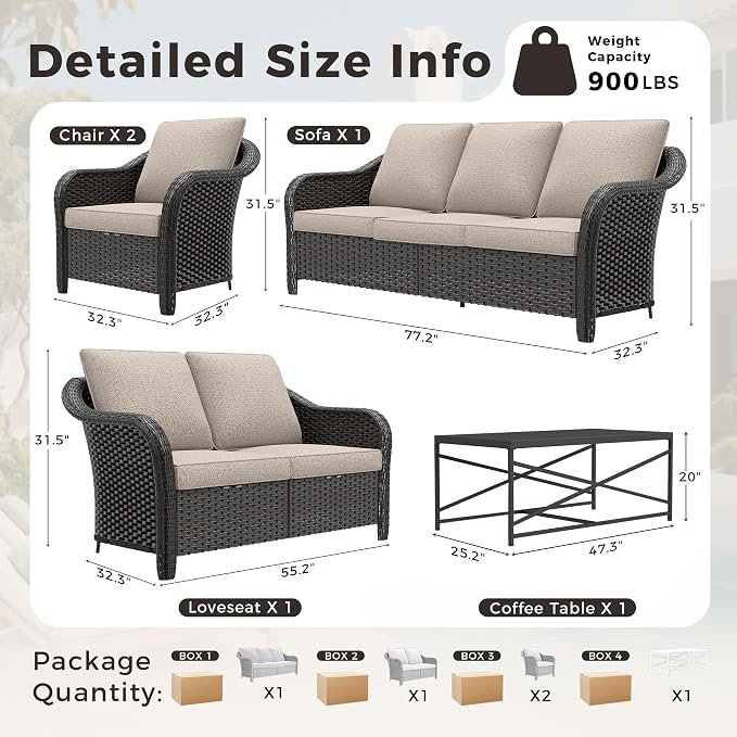 5 Pieces Outdoor Patio Rattan Conversation Furniture Set with Cushions, 78" 3-Seat Wicker Sofa, 55" 2-Seat Couch, 2 Armchairs, Metal Coffee Table for Garden (Beige)