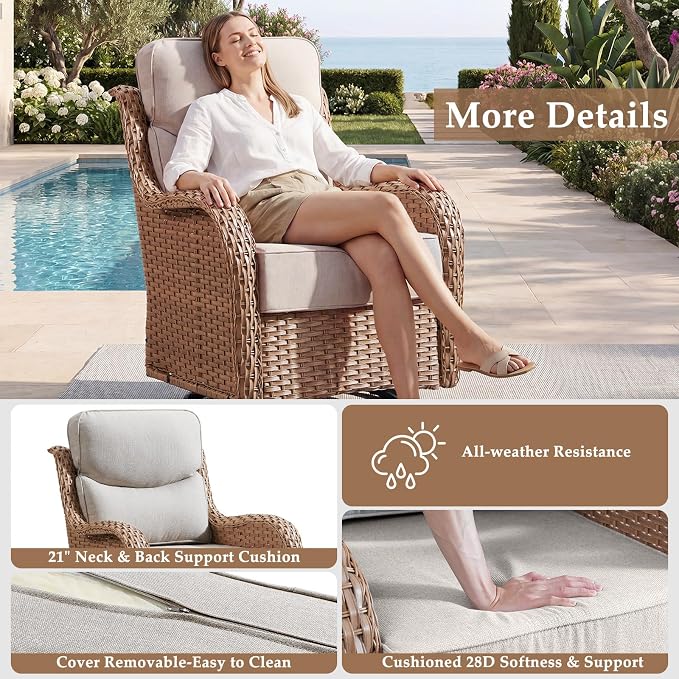 Luxury Patio Furniture Set with 42.5" Fire Pit Table, 6 Pieces High Back All Weather Wicker Outdoor Furniture w/ 6-Inch Thick Cushions, Patio Swivel Chairs Couch for Deck Balcony Backyard Yellow/Beige