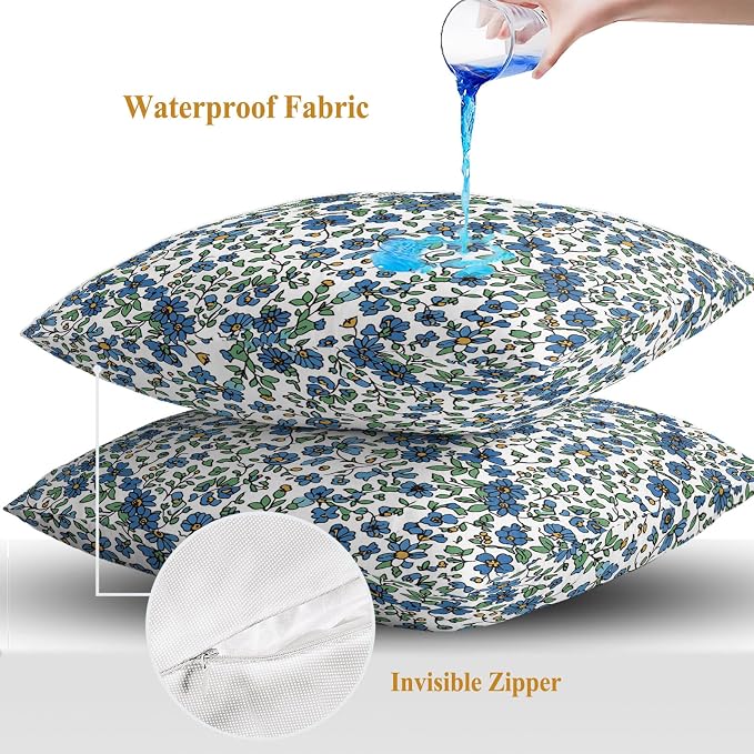JasmineM Outdoor Pillow Cover Set of 2 Farmhouse Botanical Herbs Waterproof Throw Pillow Covers Blue White Decorative Pillowcases Garden Cushion Case for Patio Couch Sofa 18x18 Inch