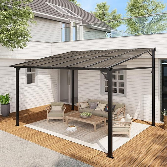 10x12 Ft Outdoor Lean to Gazebo, Wall Mounted Patio Hardtop Gazebo Pergola with Polycarbonate Roof, Upgraded Steel Frame Hardtop Pavilion for Patio, Garden, Lawn, Deck