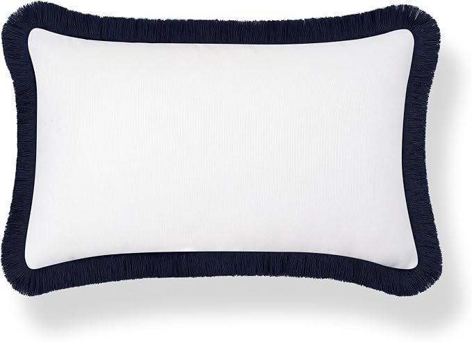 Hofdeco Premium Coastal Grandmillennial Patio Indoor Outdoor Lumbar Pillow Cover Only, 12"x20" Water Repellent for Backyard, Couch, Poolside, White Navy Blue Solid