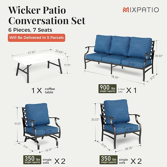 MIXPATIO Patio Furniture Set 6 pcs, Outdoor Patio Furniture, 1 X 3-Seat Sofa, 2 X Single Chairs, 2 X Rocker Chairs, 1 X Coffee Table and 5.75" Extra Thick Cushion, Conversation Set,Gemstone Blue