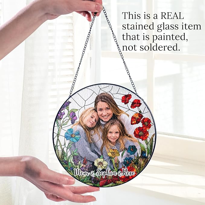 Custom Photo Stained Glass Window Hanging Suncatcher - Personalized Floral Keepsake Heartfelt Decoration for Home - Mother's Day, Father's Day, Birthday Gift for Mom, Dad, Grandma