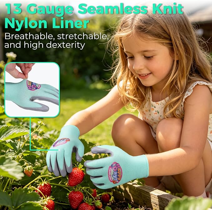 HANDLANDY 2 Pairs Kids Gardening Gloves, Grippy Kids Work Gloves, S | Foam Nitrile Coated Children Toddler Garden Yard Work Cycling Outdoor Playing Gloves for Girls Boys