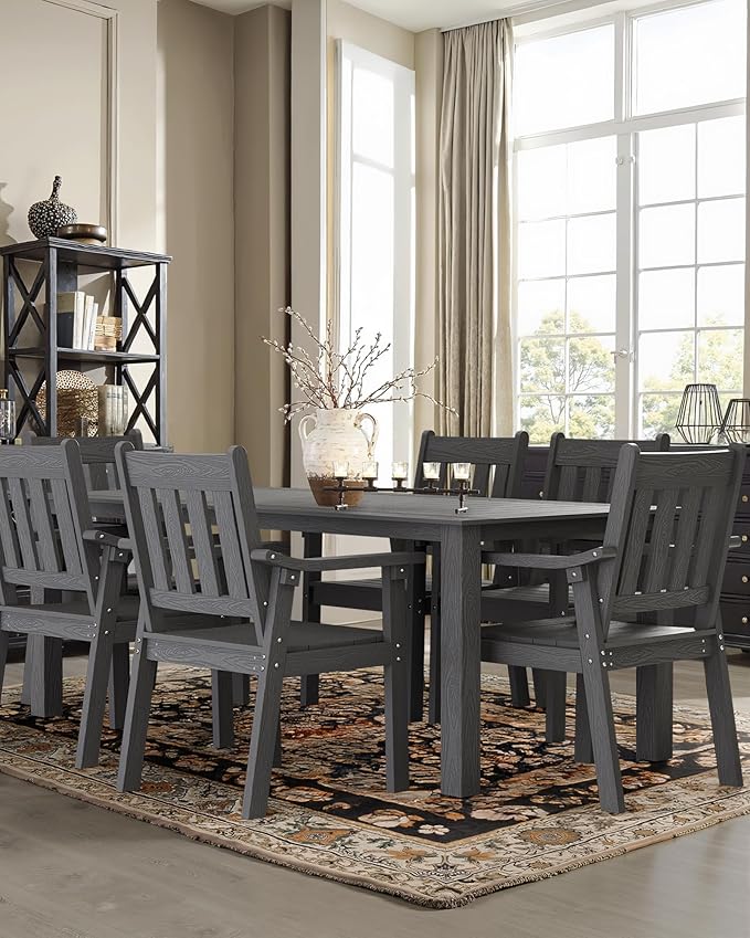 YEFU HIPS Patio Table Set: 7 Piece Patio Table and Chairs Outdoor Furniture Set with Umbrella Hole - Gray Modern Plastic Dining Sets 6 Person for Outside Deck with Metal Aluminum Frame