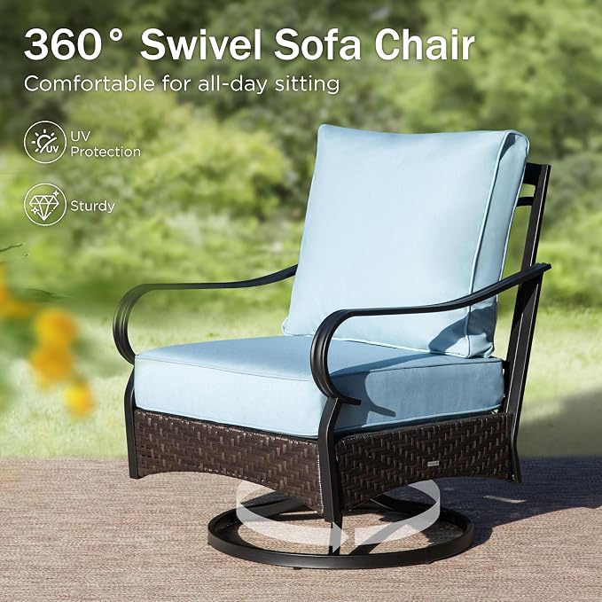 PHI VILLA Outdoor Porch Furniture Set, Upgraded Wicker & Metal Deep Seating Patio Furniture Conversation Set with Waterproof Thick Cushions for Balcony, Yard (4 Pieces,Blue)