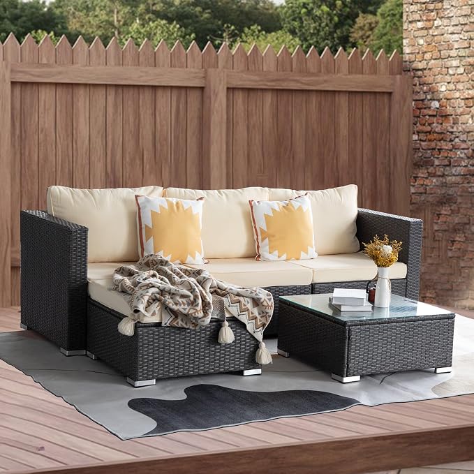 5 Piece Rattan Patio Furniture Set, Outdoor Patio Conversation Set | Soft Removable Cushion and Backrest, Tempered Coffee Table, Modern Chairs and Table Sets for Porch, Garden, Lawn, Grey/Beige