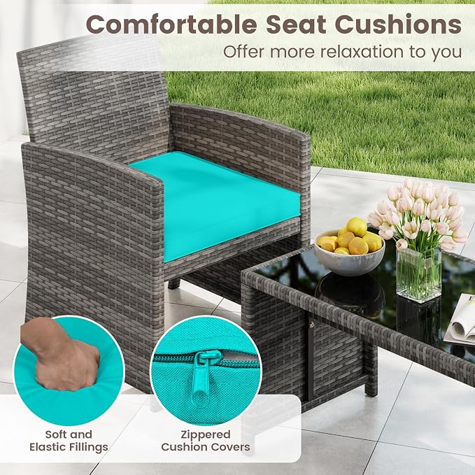 HAPPYGRILL 4 Piece Rattan Wicker Patio Conversation Set, Outdoor Furniture with Chair Loveseat Table & Cushion, for Backyard Porch Balcony (1, Turquoise)