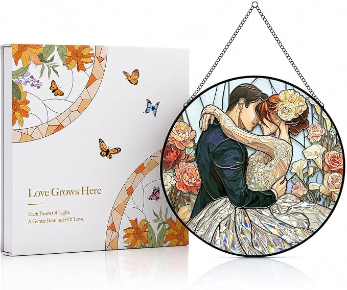 Statement Deluxe Bundle | Stained Glass Window Hanging, Love Heart 3D Embossed Diamond Glass Suncatcher, 7-Piece Romantic Gift Set with Crystal Pendant & Invisible Hooks