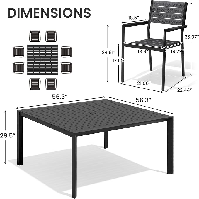 9-Piece Outdoor Dining Set, 56" Square Table and Stackable Arm Chairs | Aluminum Frame Umbrella Hole and All-Weather Wood Grain Patio Furniture for 8 for Garden, Patio, Backyard (Black)
